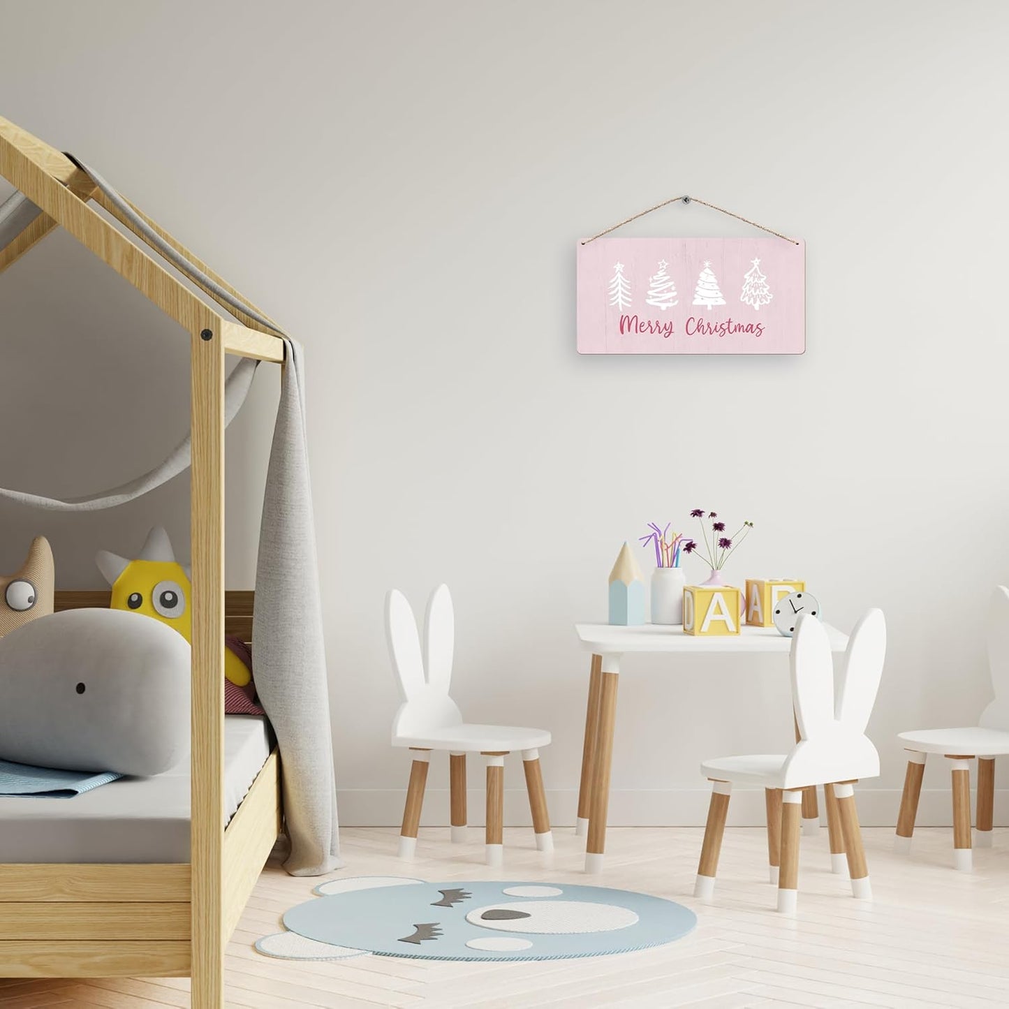 Pink Christmas Trees Hanging Wooden Signs 12X6, Merry Christmas Signs, Christmas Door Sign, Pink Christmas Decorations, Christams Trees Signs for Home Room Office Hanging Wall Decor