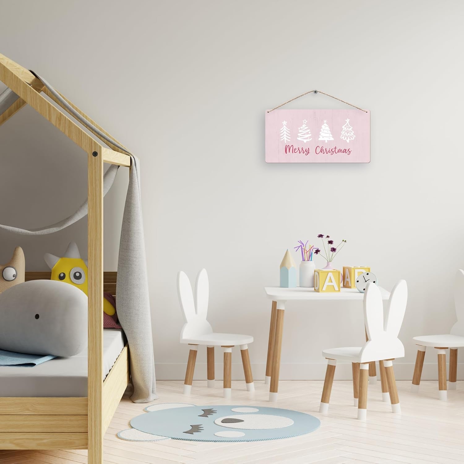 Pink Christmas Trees Hanging Wooden Signs 12X6, Merry Christmas Signs, Christmas Door Sign, Pink Christmas Decorations, Christams Trees Signs for Home Room Office Hanging Wall Decor