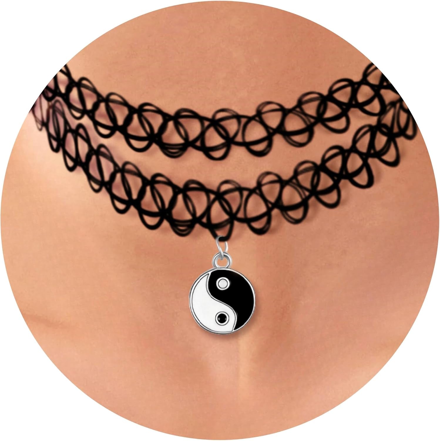 2PC Tattoo Choker Necklace - 90S Choker Necklace Women - 2000S Y2K Black Chokers Rainbow Choker - Butterfly Ying Yang Unicorn Rainbow Charms - Stretchy Elastic Necklace