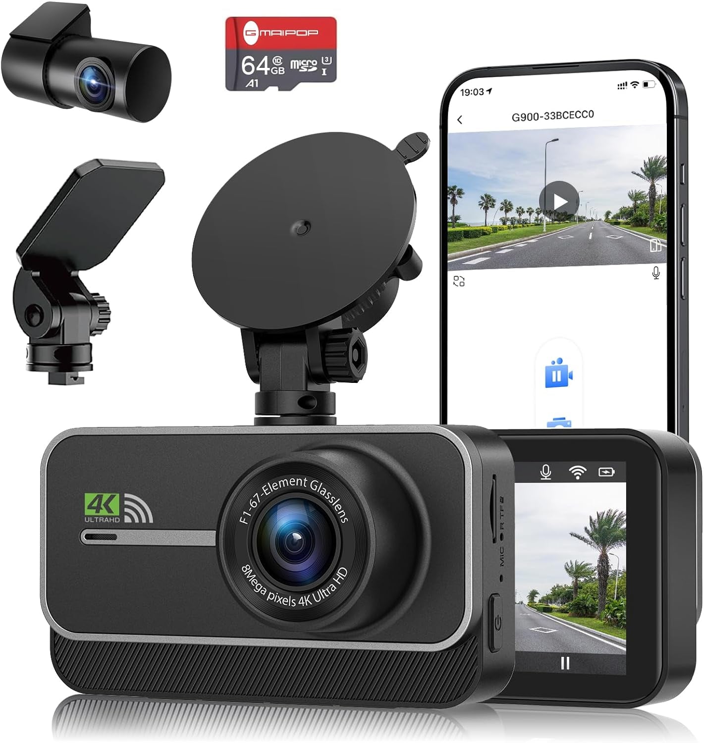 Dash Cam Front and Rear,4K+1080P Wifi Dual Dash Camera for Cars with App, 3" IPS Dashboard Camera Recorder,Night Vision,24H/7 Parking Mode, Loop Recording,170° Wide Angle,Free 64GB SD Card