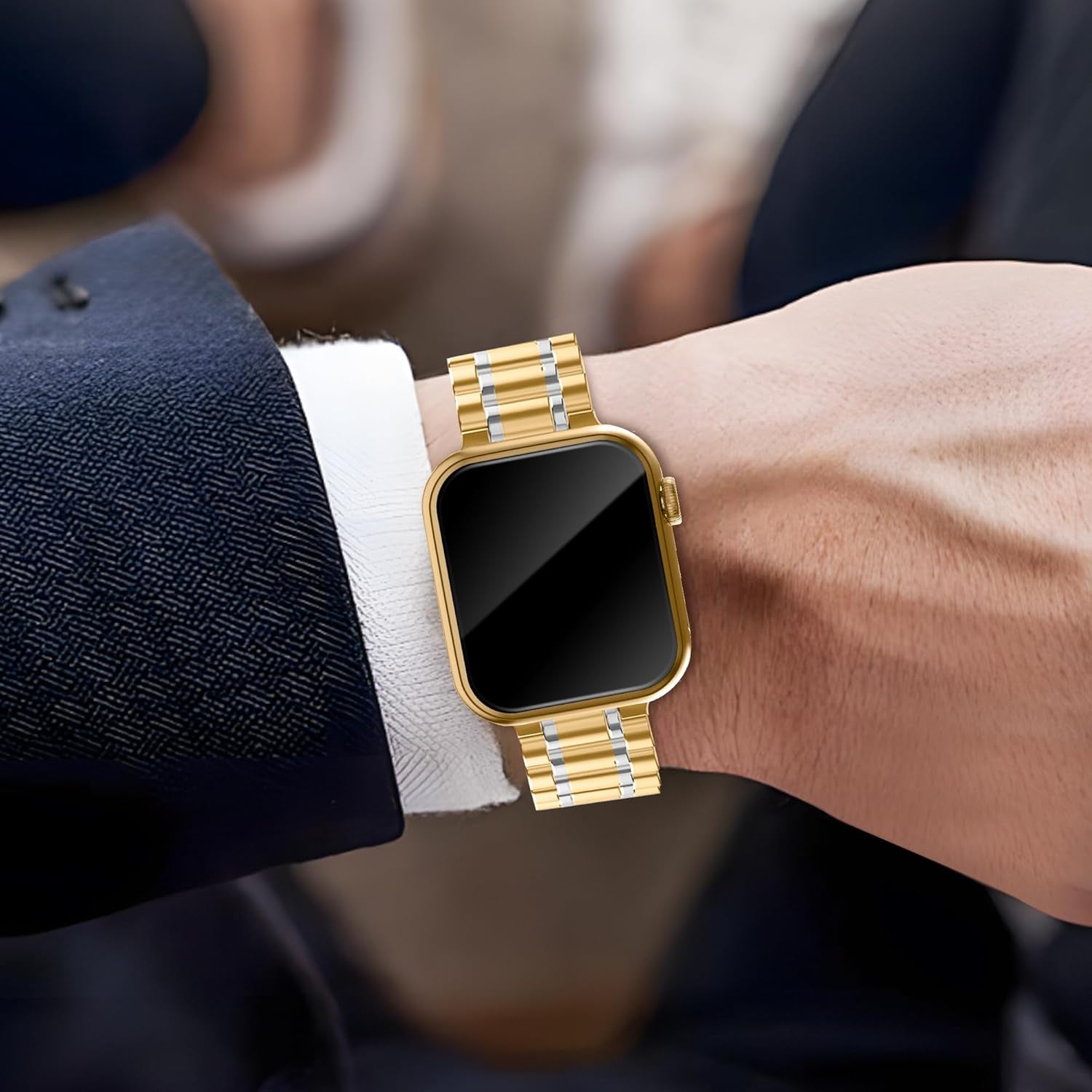 Solid Stainless Steel Band Compatible with Apple Watch 38Mm 40Mm 41Mm 42Mm 44Mm 45Mm, Metal Wristband Strap with Screen Protector Case for Iwatch Series 9/8/7/6/5/4/3/2/1/SE Women and Men