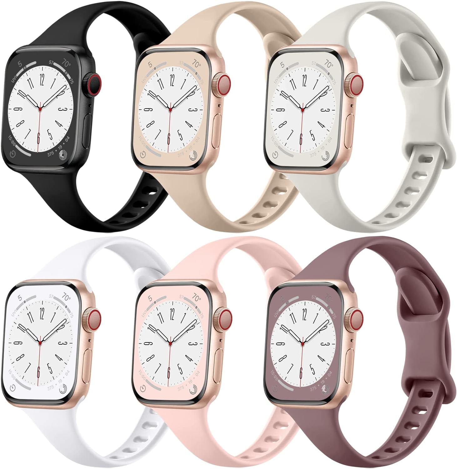 6 Pack Slim Bands Compatible with Apple Watch Band 40Mm 38Mm 44Mm 42Mm 41Mm 45Mm for Women Men, Soft Silicone Waterproof Sport Strap Replacement Wristbands for Iwatch Series 9 8 7 6 5 4 3 2 1 SE Ultra/Ultra2