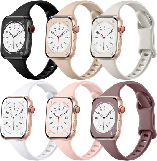 6 Pack Slim Bands Compatible with Apple Watch Band 40Mm 38Mm 44Mm 42Mm 41Mm 45Mm for Women Men, Soft Silicone Waterproof Sport Strap Replacement Wristbands for Iwatch Series 9 8 7 6 5 4 3 2 1 SE Ultra/Ultra2