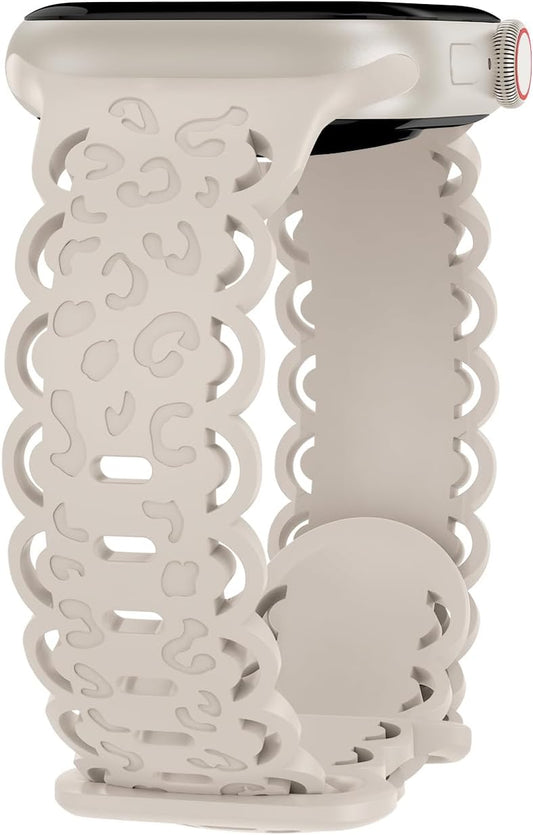 Lace Leopard Engraved Compatible with Apple Watch Band 38Mm 40Mm 41Mm 42Mm 44Mm 45Mm 49Mm Women, Soft Silicone Strap Hollow-Out Wristbands for Iwatch Bands Series 9/8/7/6/5/4/3/2/1/Se/Ultra