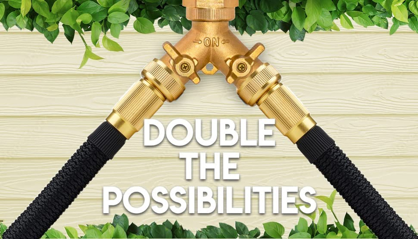 Heavy Duty Brass 2 Way Y Splitter Garden Hose Hexagonal Connector with Comfortable Grip Shut off Valves, Adapter for Water Tap, Outlet, & Spigot, Includes 2 Extra Rubber Washers & Teflon Tape