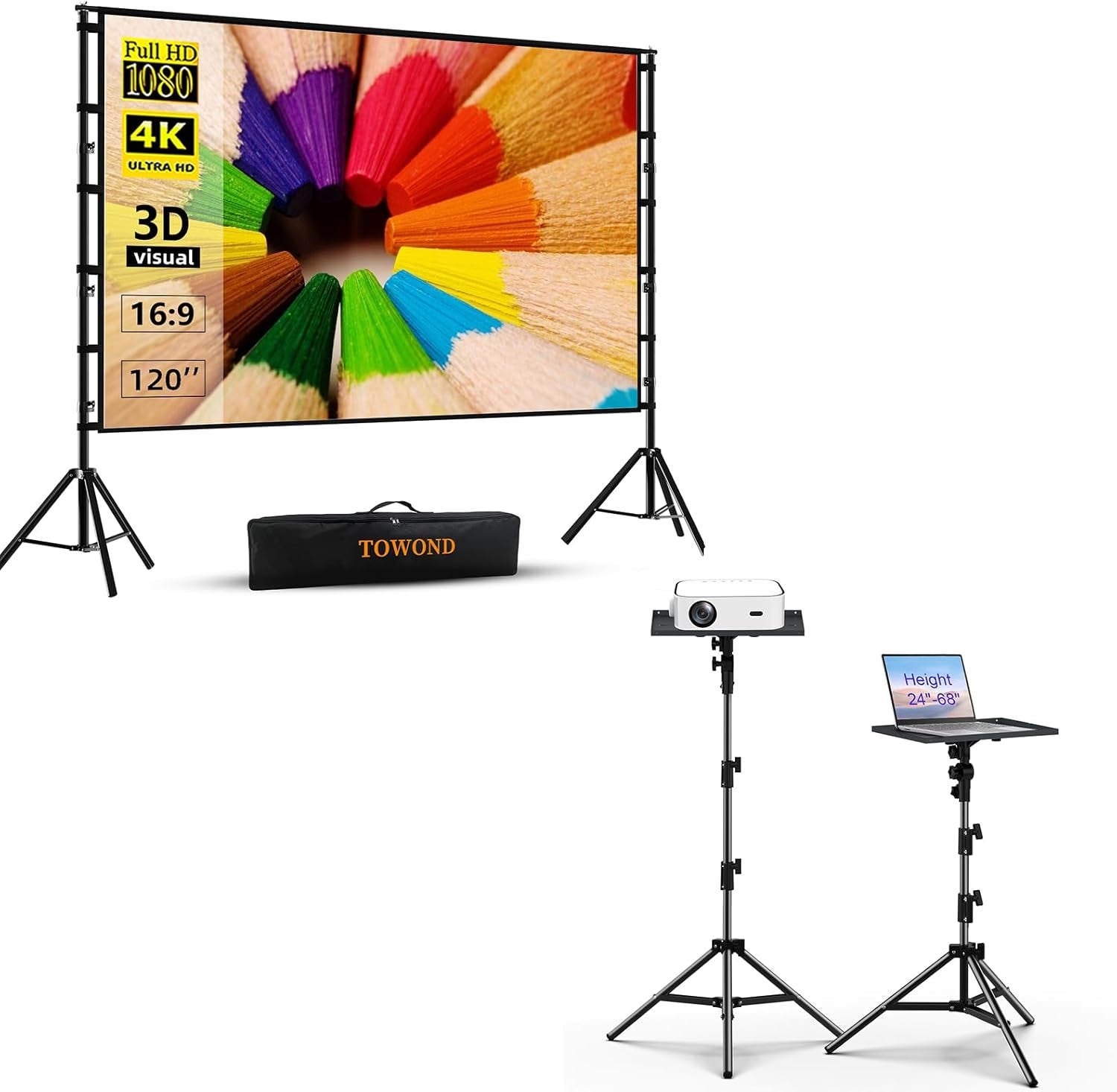 Projector Screen and Stand, 120 Inch, Projector Stand Tripod Projector Mount Portable Laptop Tripod Stand Adjustable Height 24 to 68 Inch