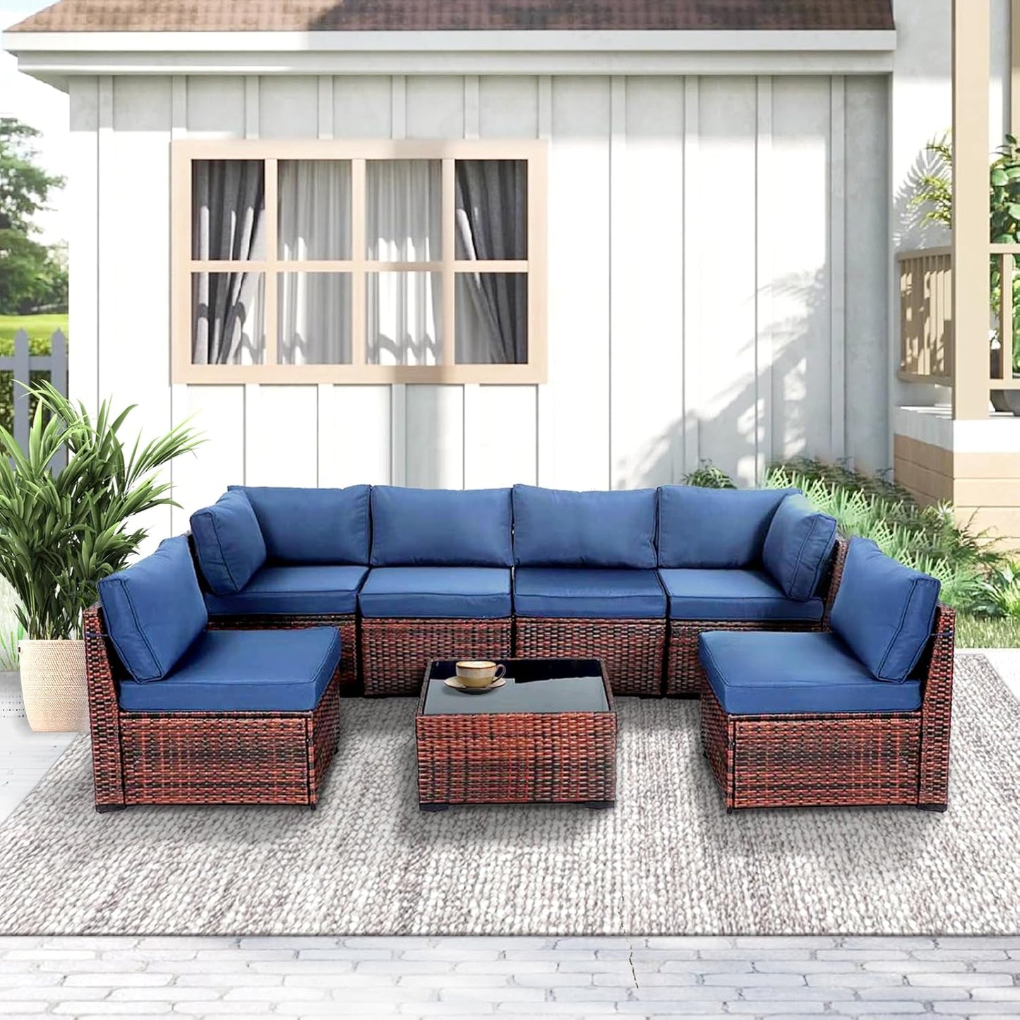 7 Piece Outdoor Furniture Set, PE Rattan Patio Conversation Set, Outdoor Sectional Furniture Sofa Set with Thick Cushions and Coffee Table, Navy Blue