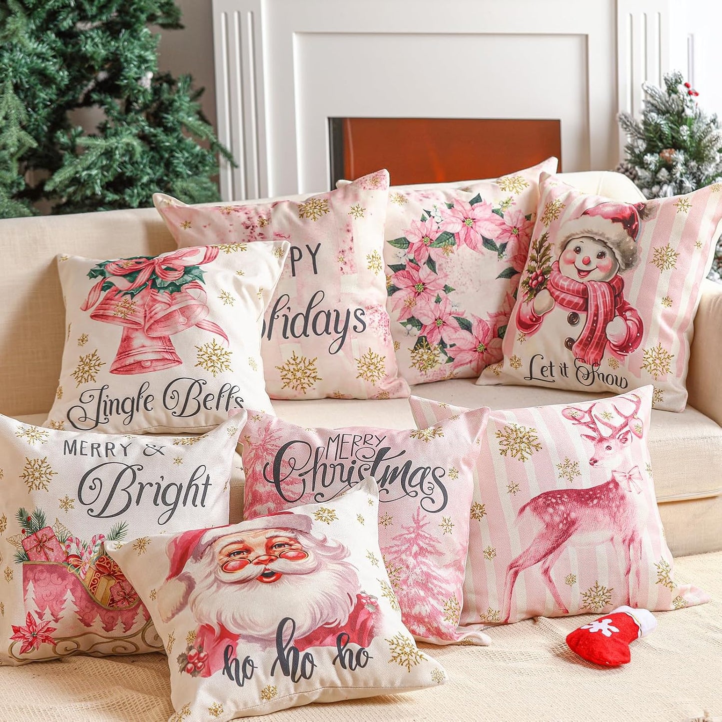 8 Pcs Pink Christmas Pillow Covers 18 X 18 Inch Pink Santa Christmas Tree Sleigh Snowman Gift Throw Pillow Covers Linen Pillowcase Pink Decorations Throw Pillow Covers Decor for Sofa Couch
