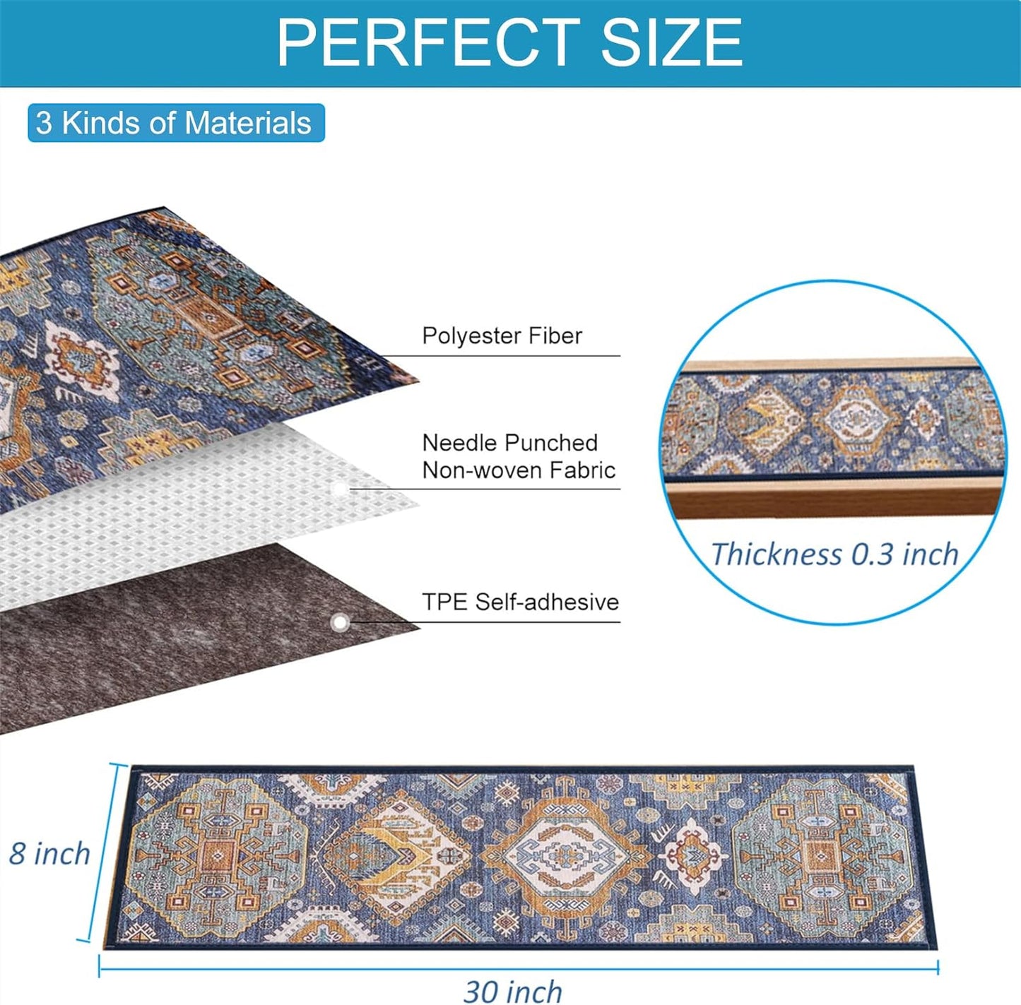 Peel and Stick Non-Slip Carpet Stair Treads for Wooden Steps Set of 15 Pack 8" X 30" Indoor Reusable Staircase Stair Runners Rugs, Soft Safety for Dogs, Kids & Elders, Stairway Grip, Blue