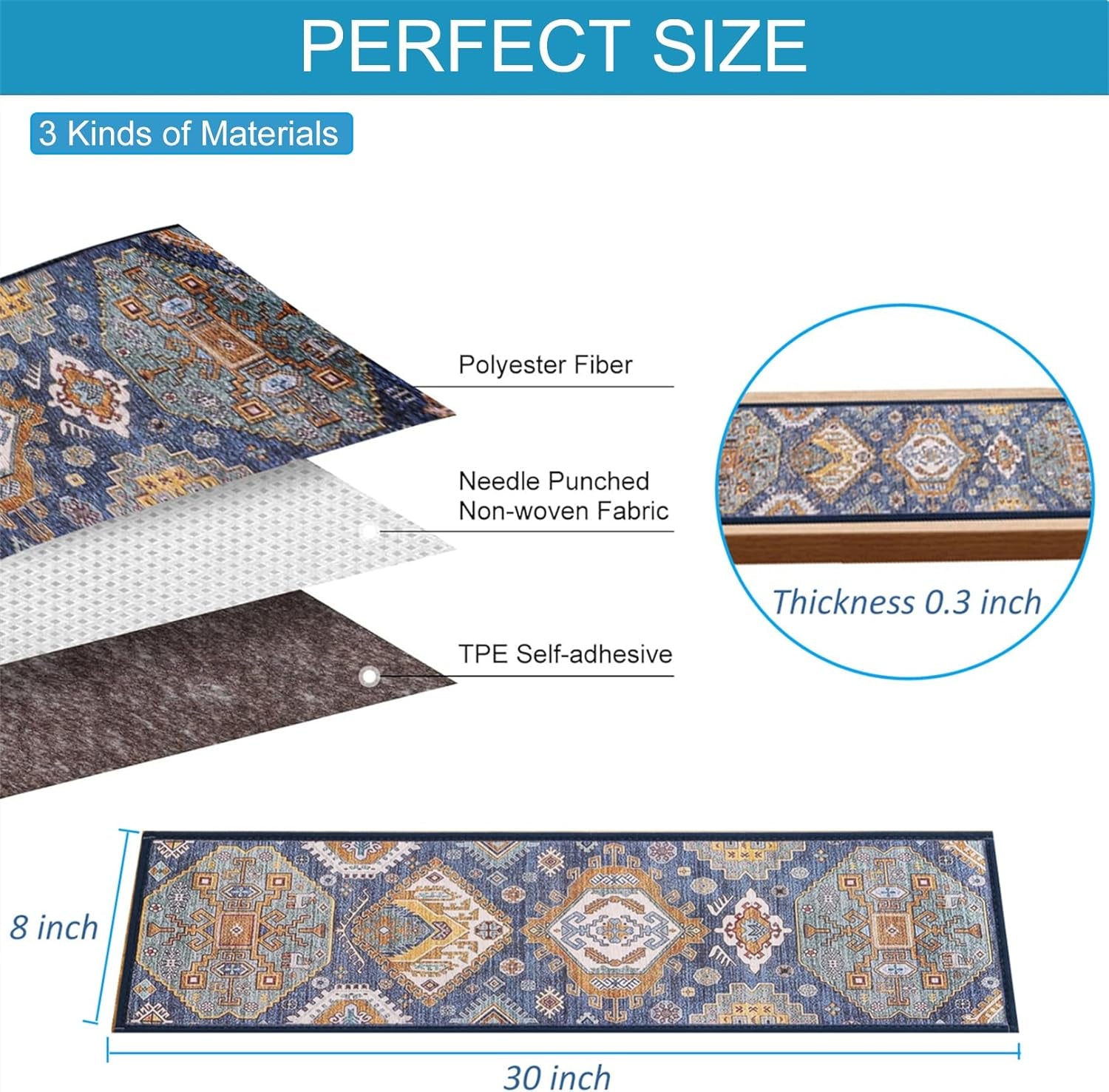 Peel and Stick Non-Slip Carpet Stair Treads for Wooden Steps Set of 15 Pack 8" X 30" Indoor Reusable Staircase Stair Runners Rugs, Soft Safety for Dogs, Kids & Elders, Stairway Grip, Blue