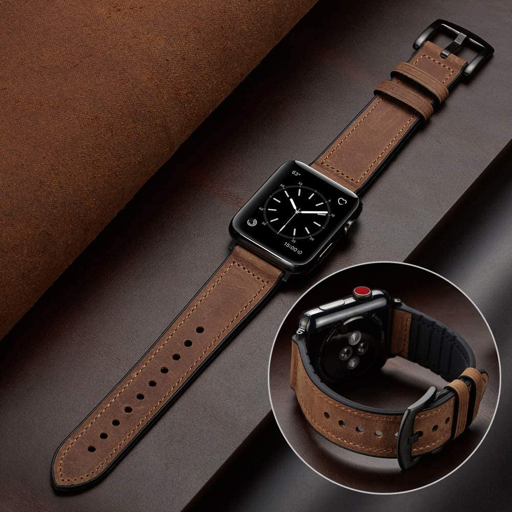 Compatible with Apple Watch Band 49Mm 45Mm 44Mm 42Mm, Sweatproof Genuine Leather and Rubber Hybrid Band Strap for Iwatch Ultra 2/1 Series 9 8 7 6 5 4 3 2 1 SE2 SE, Brown Band with Black Adapter