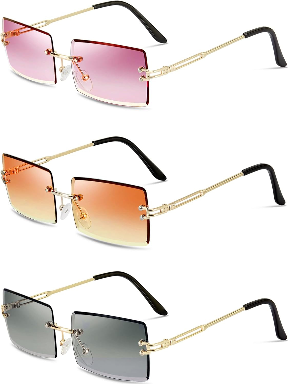 3 Pairs Rimless Rectangle Sunglasses Tinted Frameless Eyewear Vintage Transparent Rectangle Y2K Glasses for Women Men