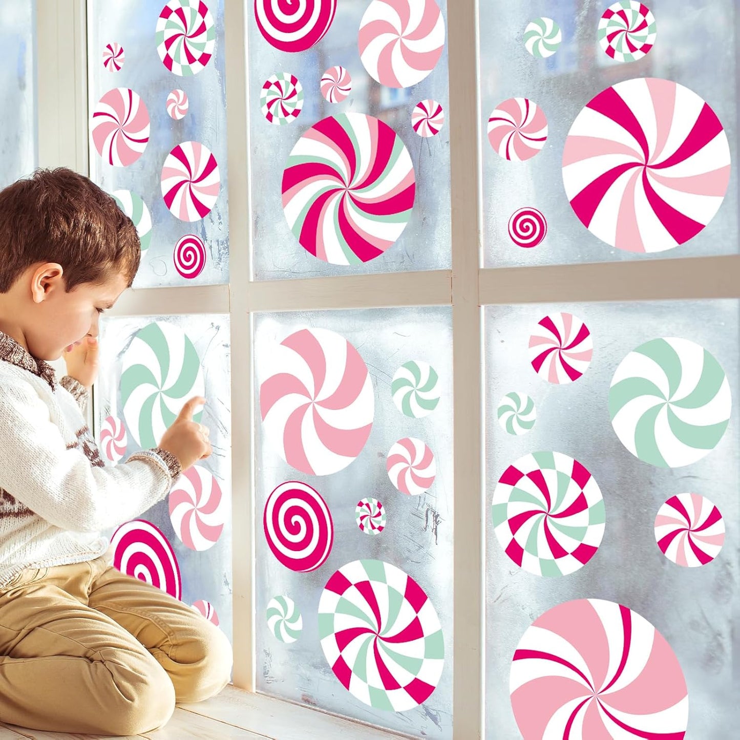 Christmas Window Cling Pink Green Candy Window Sticker Xmas Reusable PVC Window Decal for Winter Glass Mirror Decor, 9 Sheets