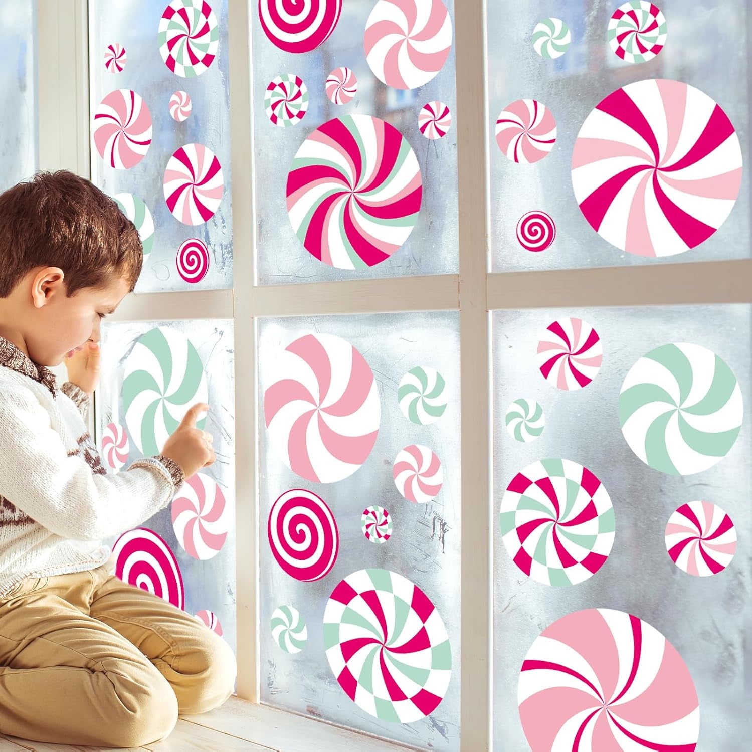 Christmas Window Cling Pink Green Candy Window Sticker Xmas Reusable PVC Window Decal for Winter Glass Mirror Decor, 9 Sheets