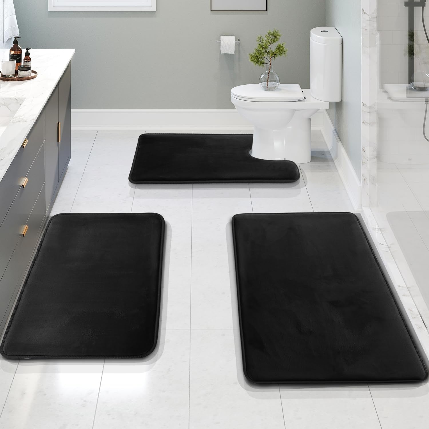 3 Piece Bathroom Rugs Bath Mat Set, Velvet Memory Foam Bath Mats for Bathroom - Non-Slip, PVC Backing Bath Rugs, Washable Bathroom Rug Mats - Dries Quickly, Black Bathroom Rug Set