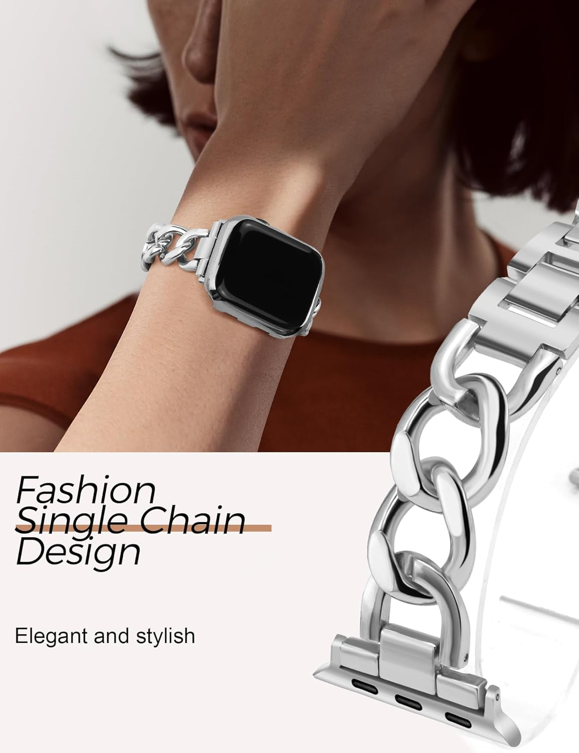 Silver Watch Bands for Women Compatible with Apple Watch Band 38Mm 40Mm 41Mm Adjustable Metal Band Cowboy Steel Single Chain Bracelet for Iwatch Series 9/8/7/6/5/4/3/2/1/Se/Ultra (No Case)