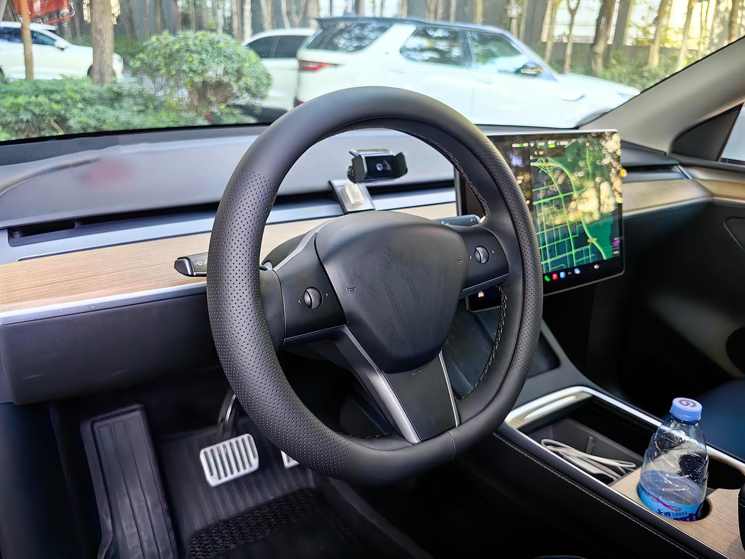 D-Shaped Car Steering Wheel Cover for Tesla Model Y Model 3 Plaid/Long Range 5/6/7 Seater Interior Accessories 2016-2020 2021 2022 2023 2024, Black Premium Leather (14-14 1/4 Inches)