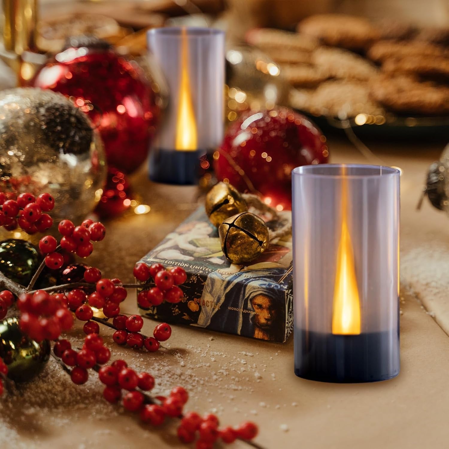 Flameless Candles, Battery Operated LED Pillar Candles, D1.5 X H3 Inch, Flickering Warm Yellow Long Flame-Effect Light with Black Base, Romantic Electronic Fake Candles, Set of 12 (Black)