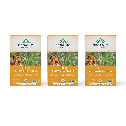 Calming Tulsi Ashwagandha Herbal Tea - Holy Basil Tea with Ashwagandha Root, Supports Restful Sleep - Adaptogen, Vegan, USDA Certified Organic, Non-Gmo - 18 Infusion Bags, 3 Pack TLBH