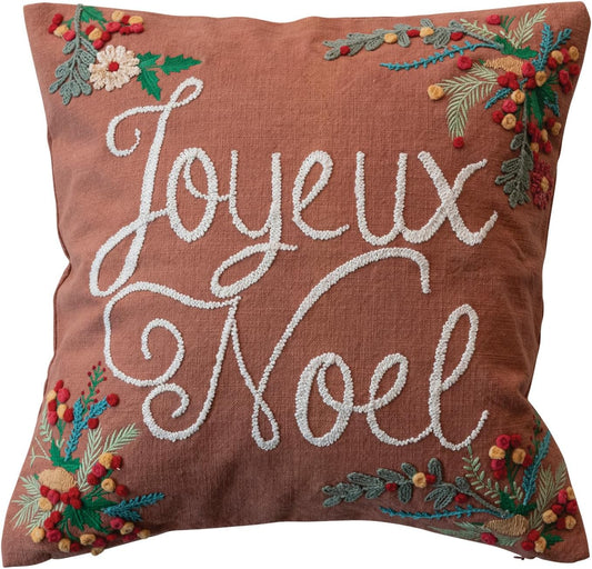 , Multicolor Square Cotton Pillow with Embroidered Botanicals Joyeux Noel