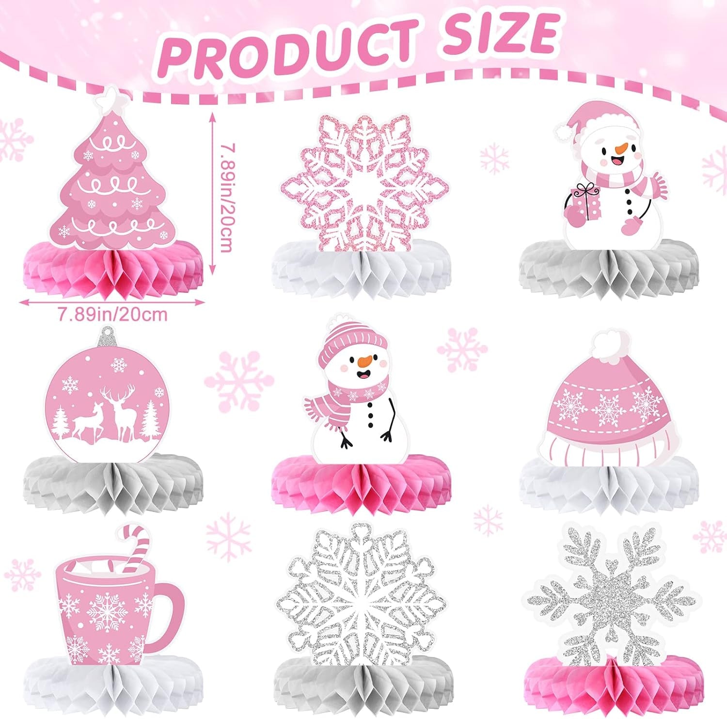 9 Pcs Winter Table Honeycomb Centerpieces Snowflake Honeycomb Party Decorations Winter Party Centerpieces for Winter Theme Christmas Birthday Baby Shower Party Supplies (Pink)