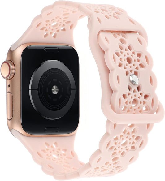 Floral Silicone Bands Compatible with Apple Watch Bands 40Mm 41Mm 38Mm 42Mm 44Mm 45Mm 49Mm Women Hollow-Out Soft Sport Strap Replacement Wristband for Iwatch Series 9 Ultra 8 SE 7 6 5 4 3 2 1