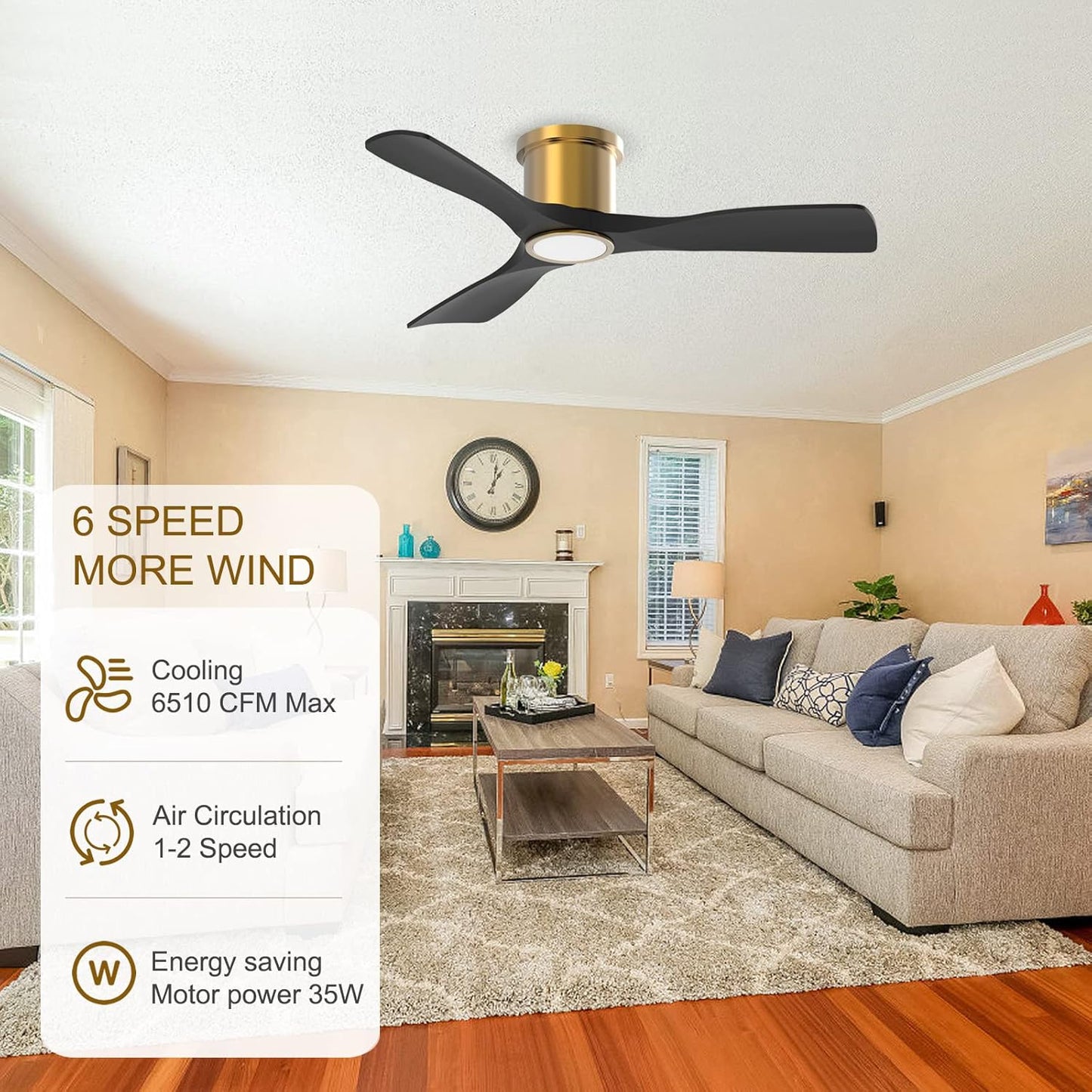 52 Inch Smart Ceiling Fan with Light and Remote, Indoor 3 Blade Black Gold Low Profile Flush Mount Modern Ceiling Fan for Bedroom Living Room
