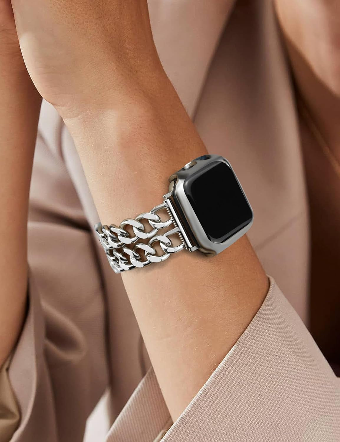 Silver Watch Bands for Women Compatible with Apple Watch Band 38Mm 40Mm 41Mm Adjustable Metal Band Cowboy Steel Chain Bracelet for Iwatch Series 9/8/7/6/5/4/3/2/1/Se/Ultra (No Case)