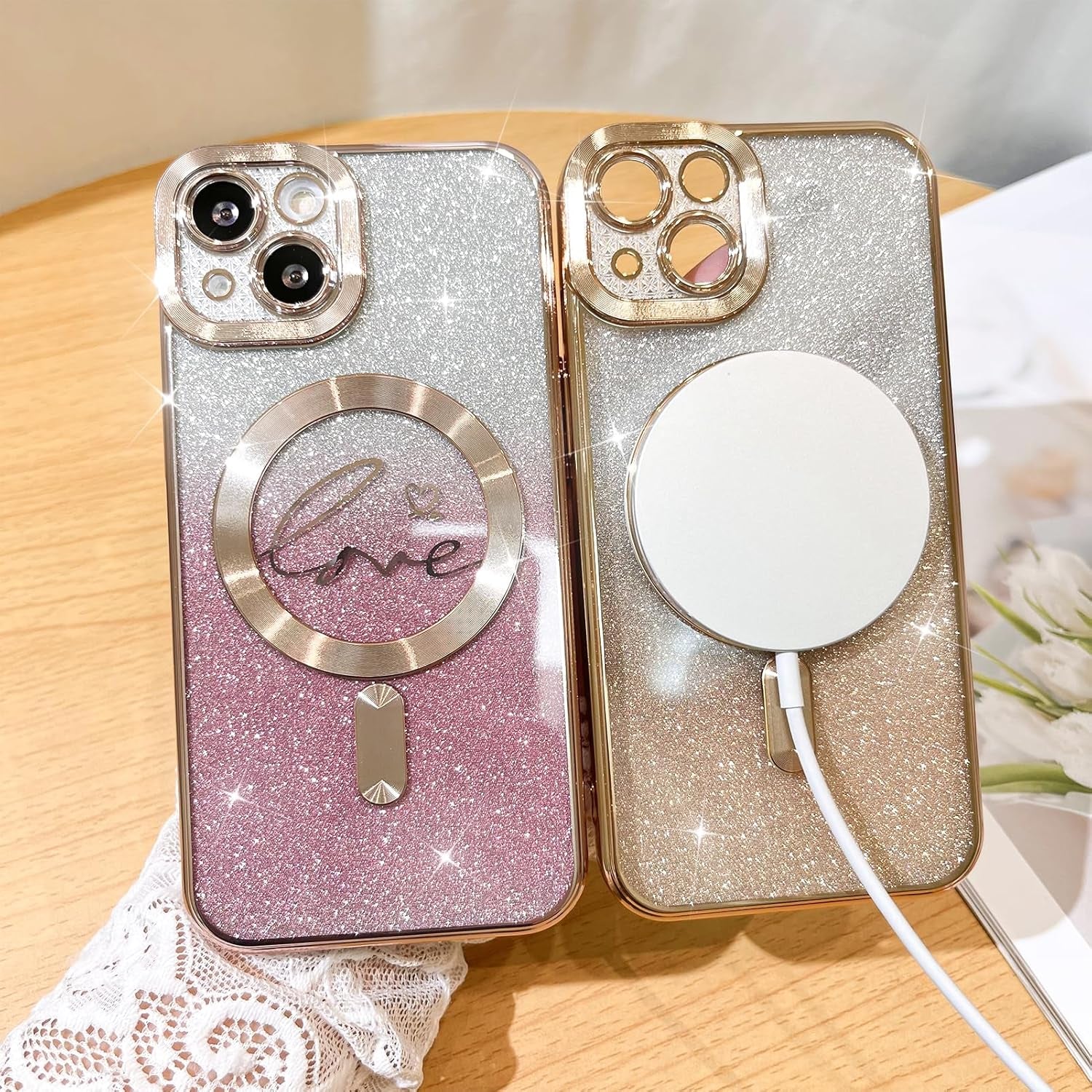 Compatible with Iphone 13 Case,Compatible with Magsafe Love Heart Plating Camera Protection Clear Phone Case, Magnetic Glitter for Women Girls Shockproof Back Bumper 6.1"-Gold