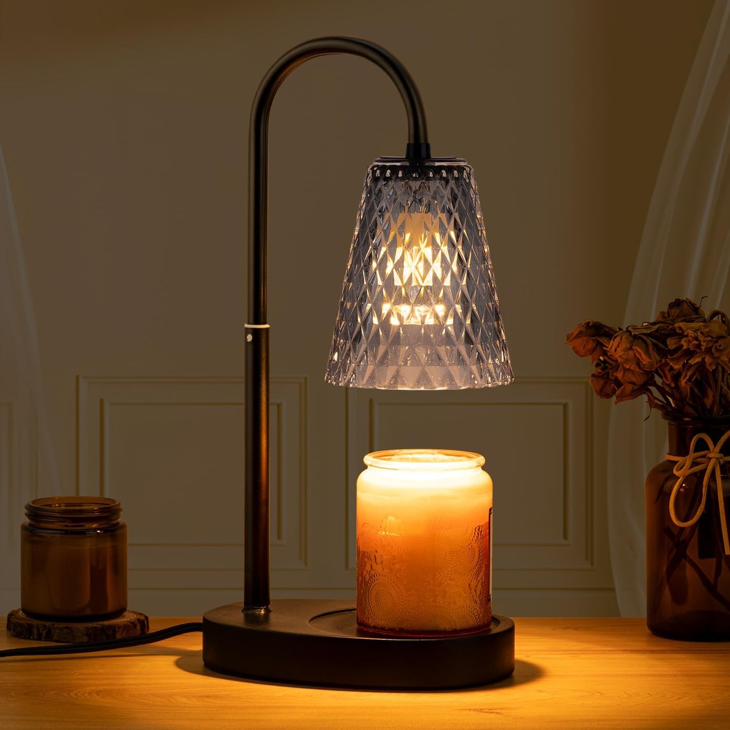 Candle Warmer Lamp - Dimmable Wax Melt Warmer with Amber Lampshade and 2 Bulbs for House Warming, Bedroom Decor