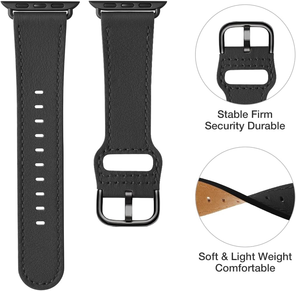 Leather Bands Compatible with Apple Watch Band 38Mm 40Mm 41Mm 42Mm 44Mm 45Mm 49Mm, Genuine Leather Strap Compatible for Women Men Iwatch SE Ultra Series 9 8 7 6 5 4 3 2 1 (Black/Black)