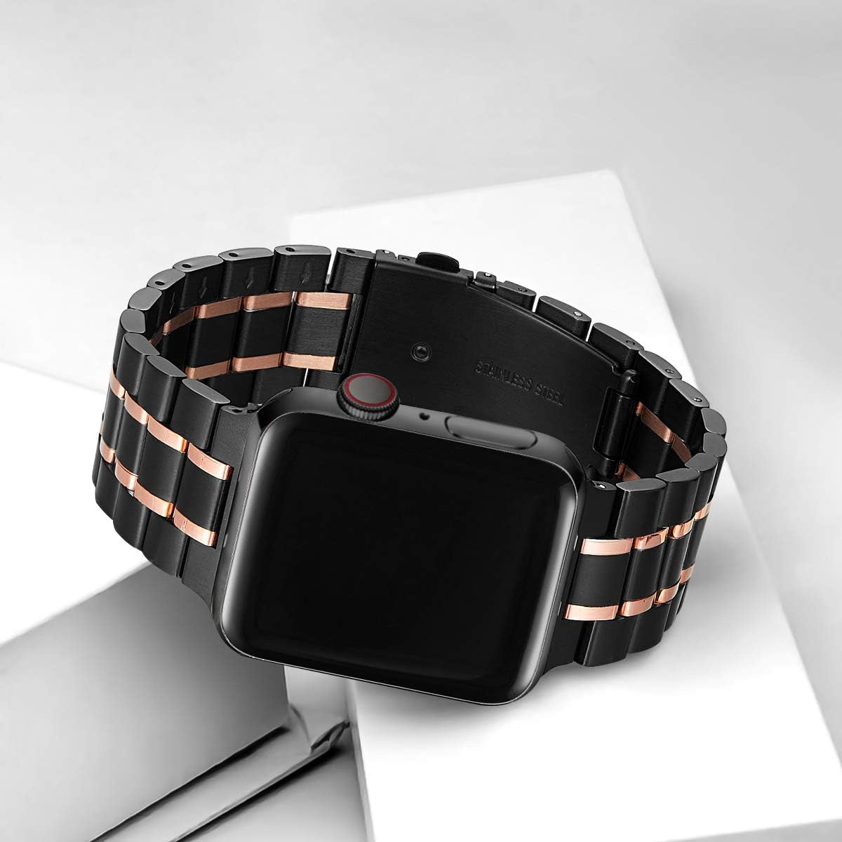 Compatible for Apple Watch Band 42Mm 44Mm 45Mm 49Mm, Stainless Steel Metal Adjustable Sport Business Wristband Bracelet Strap for Iwatch Series Ultra 8 7 6 SE 5 4 3 2 1 (Black/Rose Gold)