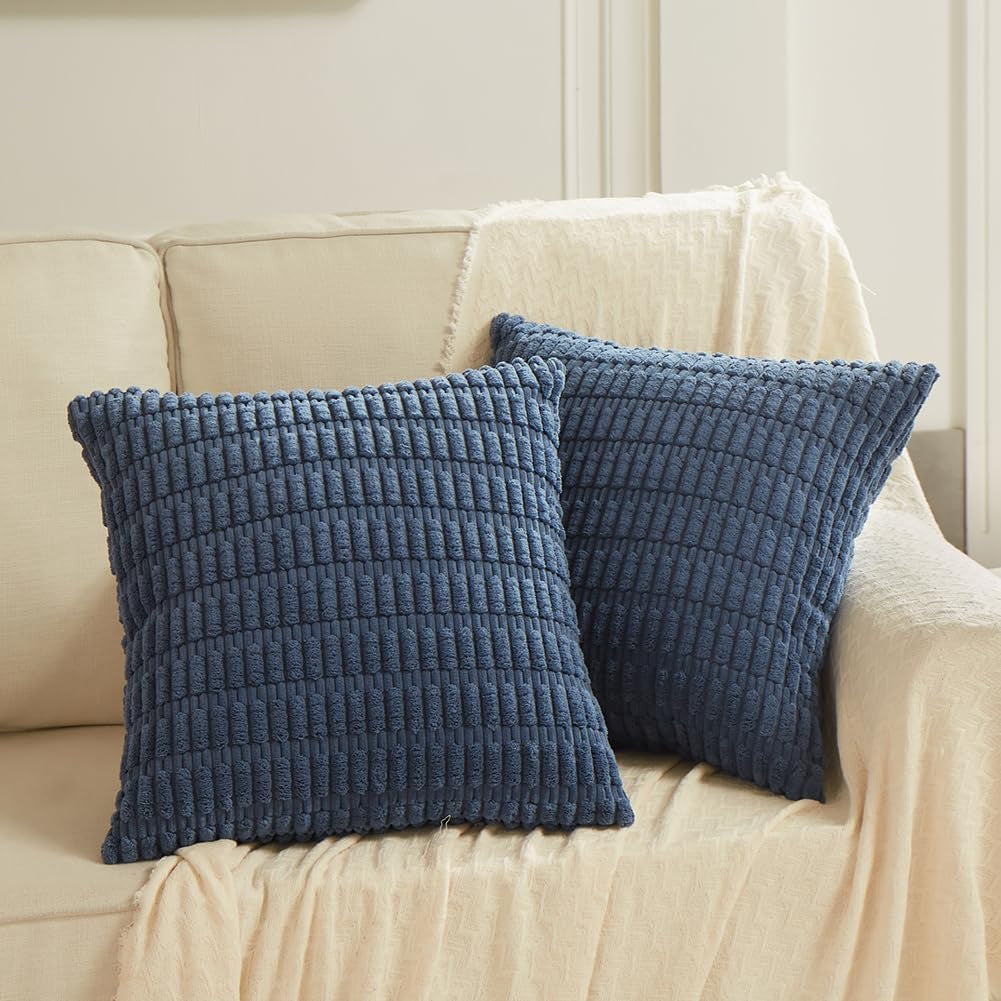 4 Packs Dusty Blue Decorative Throw Pillow Covers 18X18 Inch for Living Room Couch Bed Sofa, Rustic Farmhouse Boho Home Decor, Soft Plush Striped Corduroy Square Cushion Case 45X45 Cm