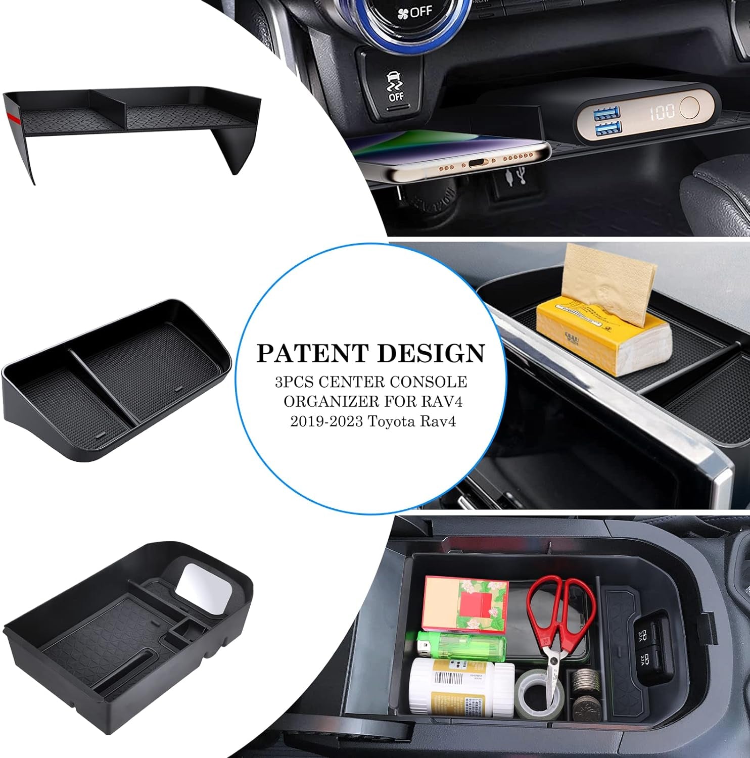 Upgraded Center Console Organizer Compatible with Toyota RAV4 2025 2024 2023 2022-2019 Interior Accessories, Armrest Storage Box, Dash Storage Tray(Not for New 10.5'' Multimedia Display)-3Pcs