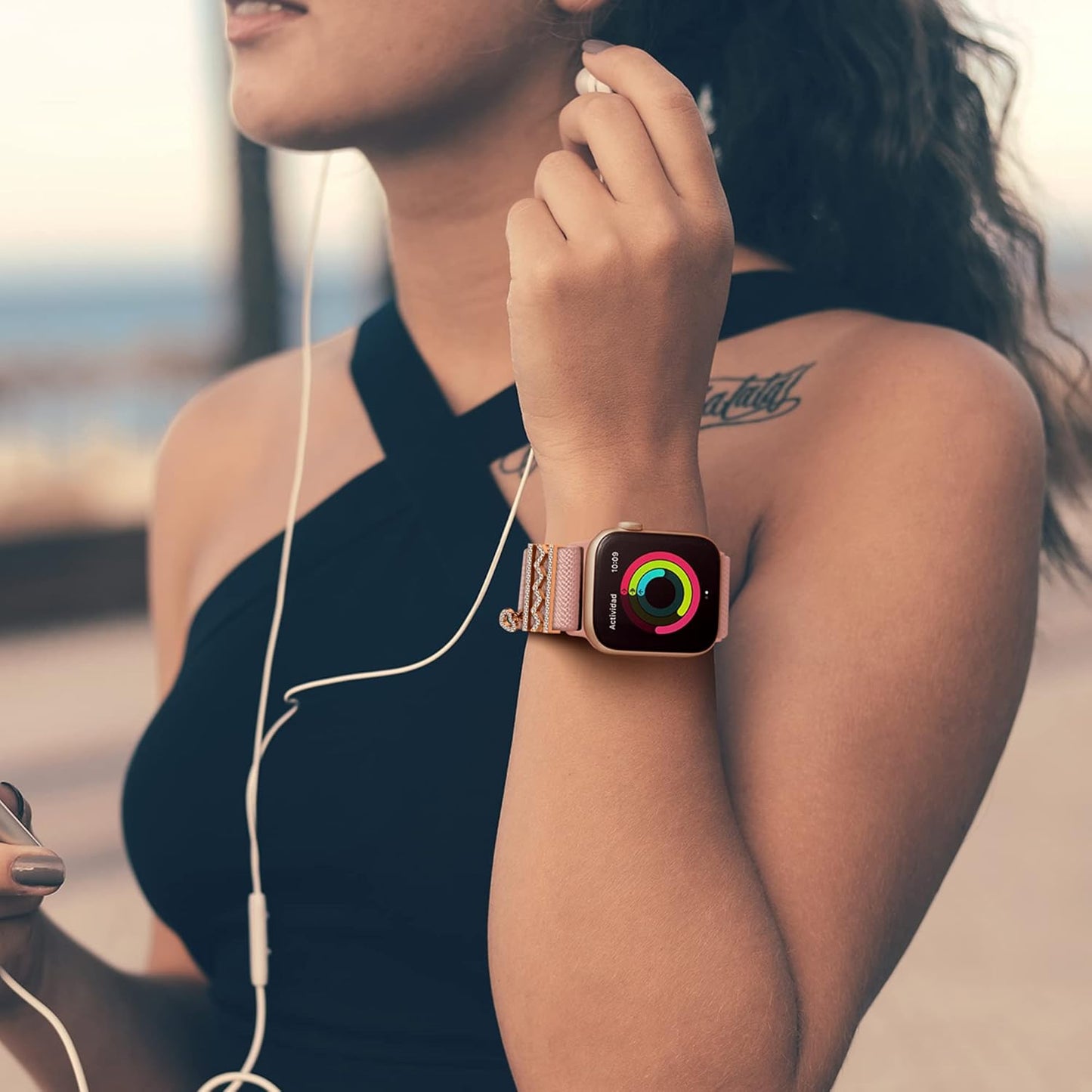 Decorative Rings Loop Charms Nylon Watchband Compatible with Apple Watch 38 40 41 42 44 45 49Mm, Metal Diamond Accessories Slide Elastic Strap for Iwatch Ultra 2/1 SE Series 9 8 7 6 5 4 3 2 1 (Include Band)