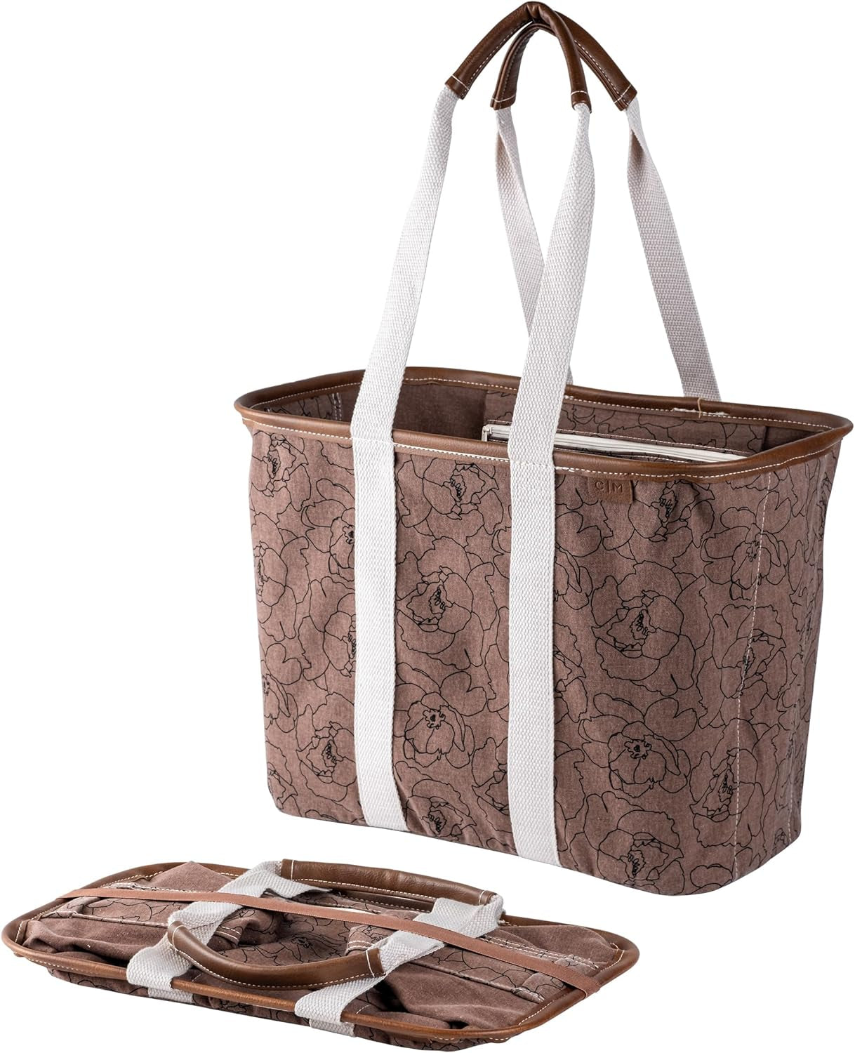 Collapsible LUXE Tote, Geometric Taupe - 30L (8 Gal) Structured Tote Bag with Handles and Reinforced Bottom - Reusable Grocery Bag, Shopping Bag, Utility Tote Bag