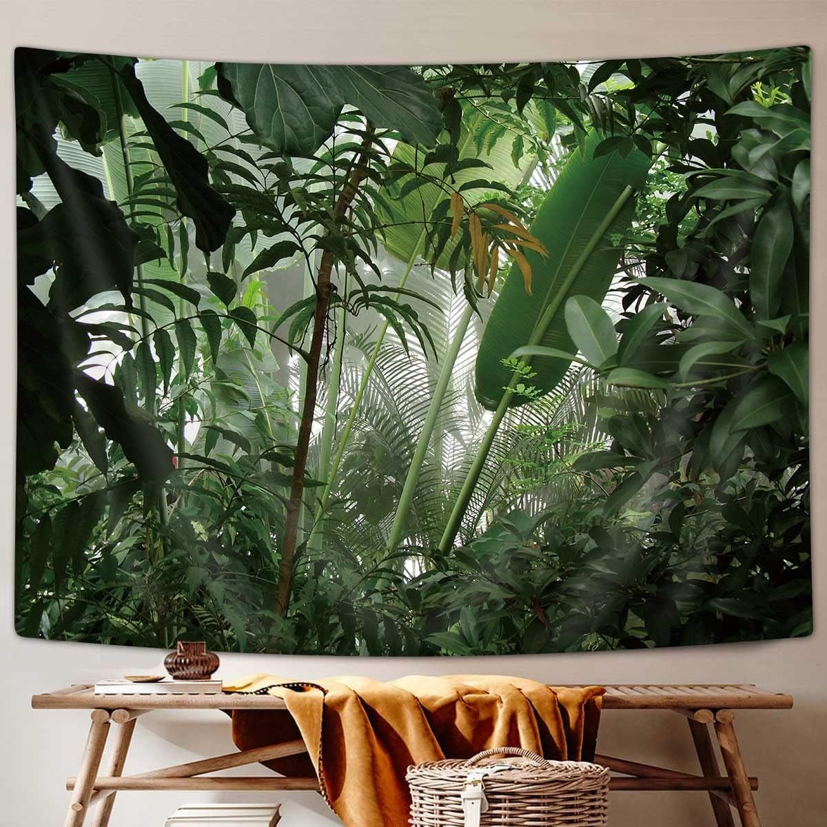 Green Plant Small Tapestry, Aesthetic Banana Palm Tree Leaves Tapestry Wall Hanging for Bedroom, Tropical Forest College Dorm Tapestry Home Decor (60" W X 40" H)