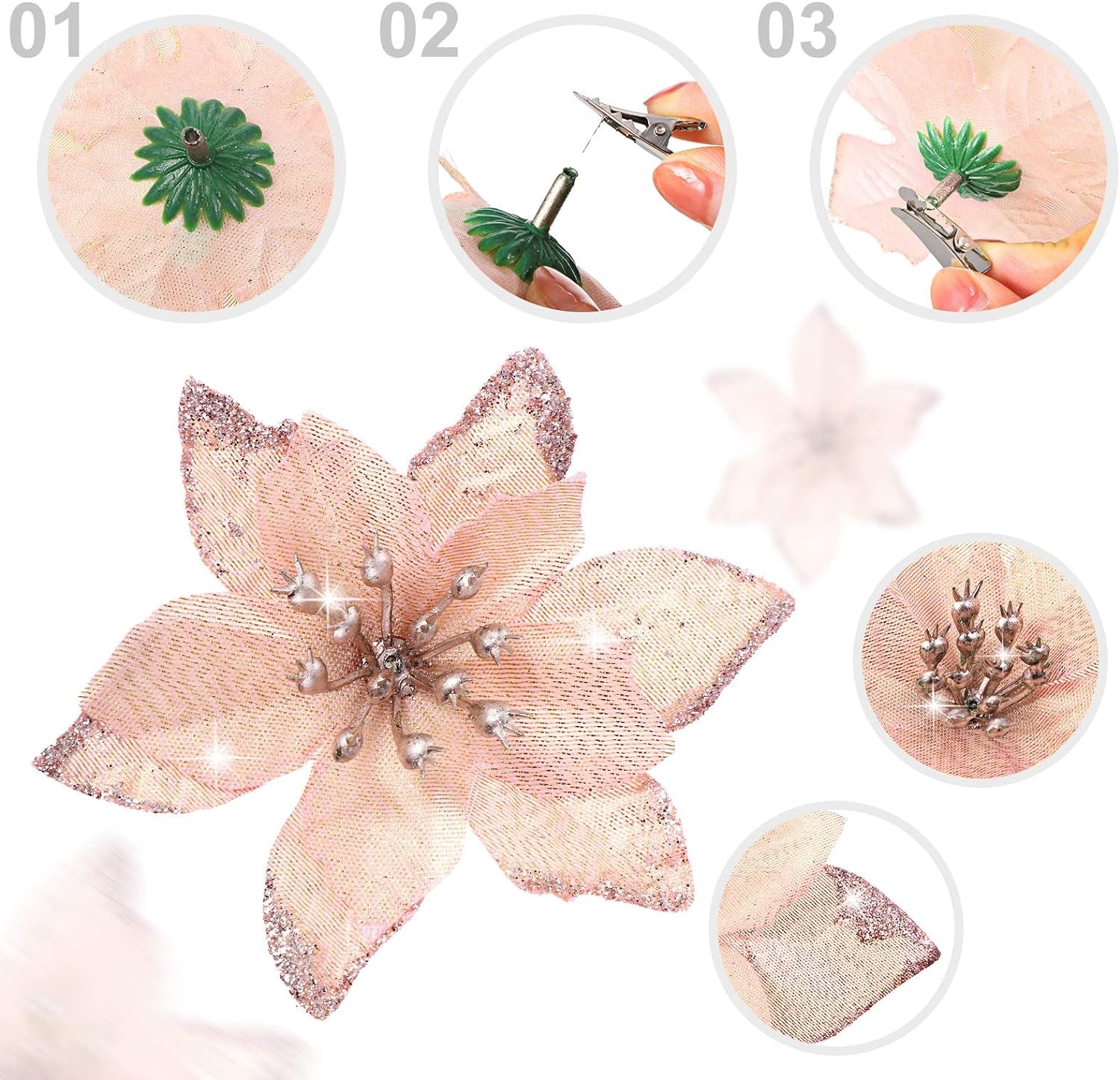 36 Pcs 3 Size Christmas Tree Glitter Faux Poinsettia Flowers Ornaments for Home Outdoor Decoration (Rose Gold,3/ 4/ 6 Inch)