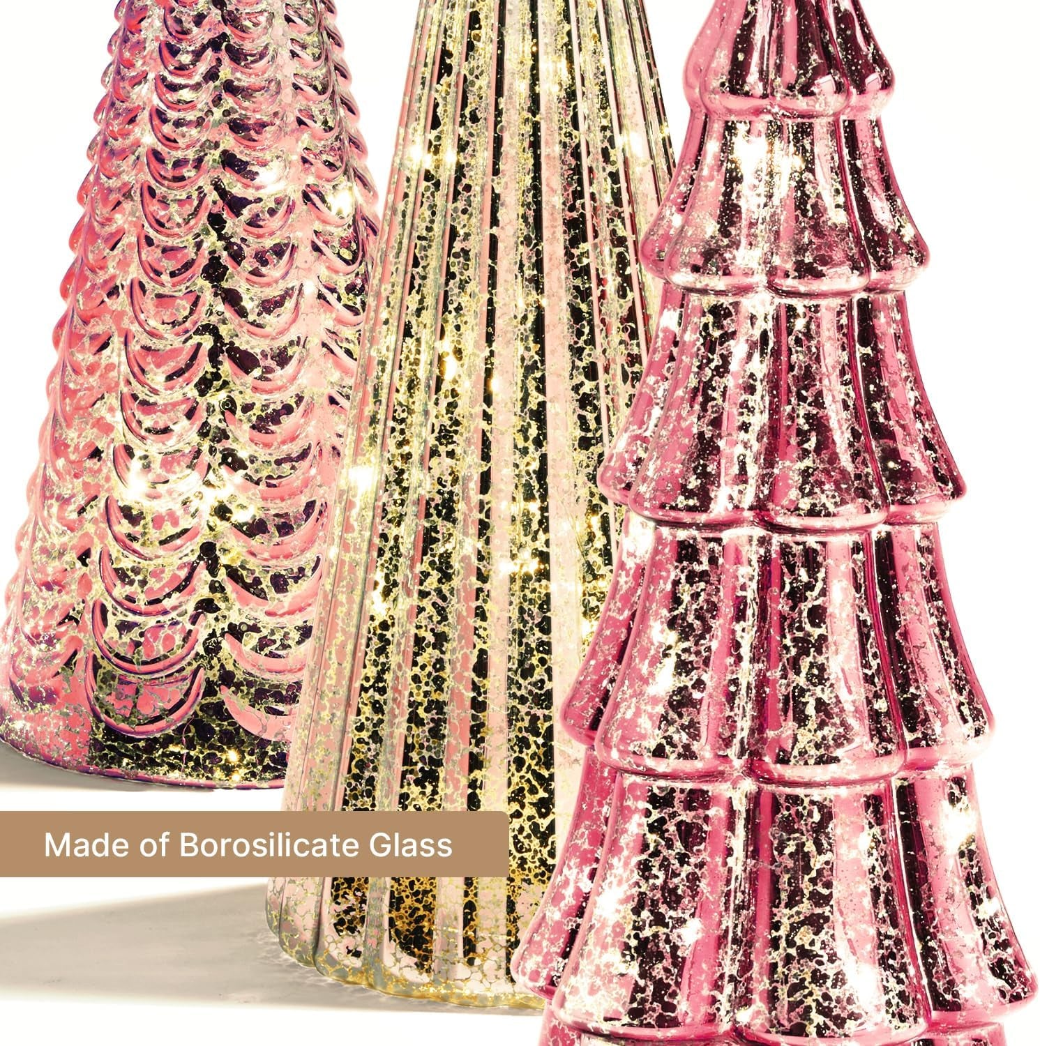 Table Top Christmas Tree Decorations with Fairy Lights, Set of 3 Assorted Trees, 10 Inch Tall, Pink Mercury Glass Finish, Batteries Included, Holiday Table Centerpiece and Mantle Decor