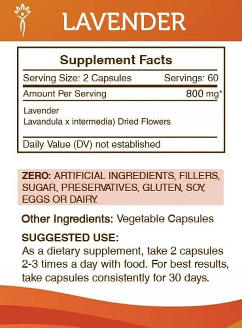 Lavender 120 Capsules(2 Pcs.), 800 Mg, Lavender (Lavandula Angustifolia, Lavandula X Intermedia) Dried Flowers (2X120 Capsules) TLBH