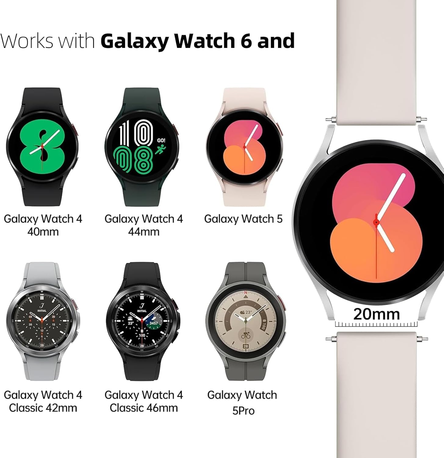 Compatible with Samsung Galaxy Watch 6 Classic Band 47Mm 43Mm 44Mm 40Mm, 20Mm Sport Watch Band for Samsung Watch 6 5 4 Men Women with Quick Release Pins