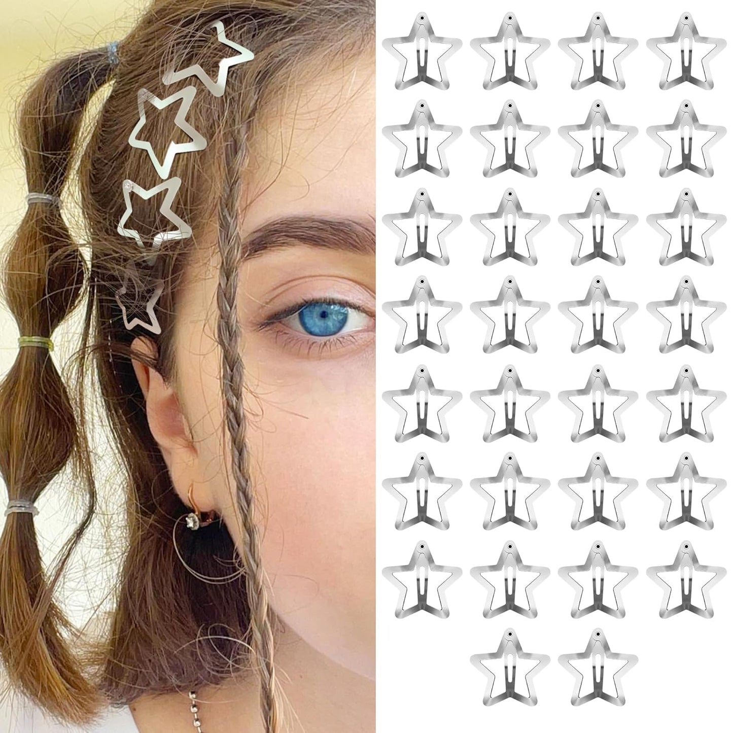 Star Hair Clips 2000S Y2K Snap Hair Barrettes Non Slip Star Hair Accessories Silver Metal Hair Clips for Girls Women -15 PCS 1.57"