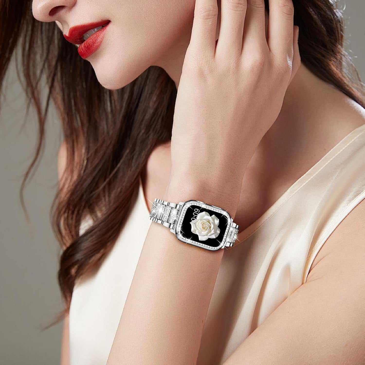 Compatible with Apple Watch Band 38Mm 40Mm 41Mm 42Mm 44Mm 45Mm 49Mm with 2 Pack Case Women, Jewelry Replacement Metal Wristband Strap with Bling PC Protective Case for Iwatch Ultra SE Series 9/8/7/6/5/4/3/2/1
