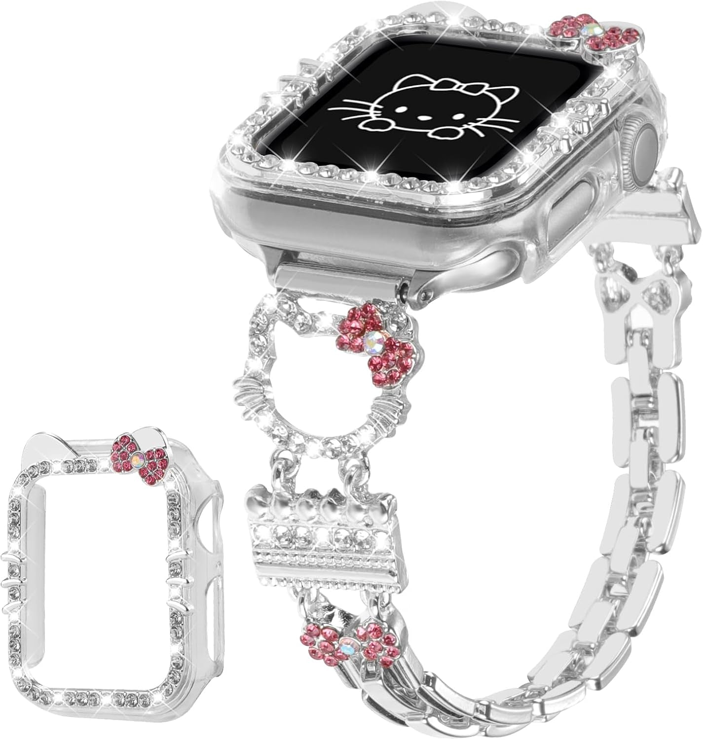 Bling Bracelet Band with Protector Case Compatible with Apple Watch Bands for Women Iwatch Series 10 46 Mm 42Mm,Series 9 8 7 41Mm 45Mm,Series 6 5 4 SE 41Mm 45Mm,Cute Cartoon Dressy Jewelry Metal Strap