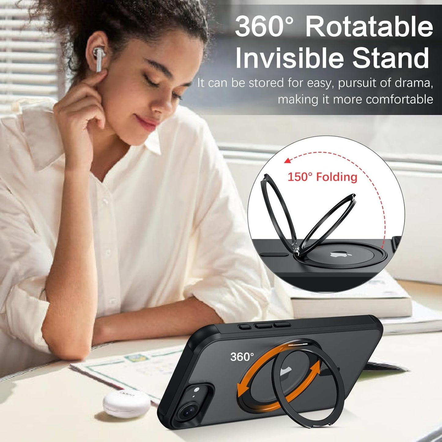 for Iphone 16E Case, Iphone 16E Magnetic Phone Case with Magsafe Rotatable Invisible Kickstand Ring Holder Design Shockproof Women Men Girl Boy Protective Cover for Iphone 16E 6.1", Black