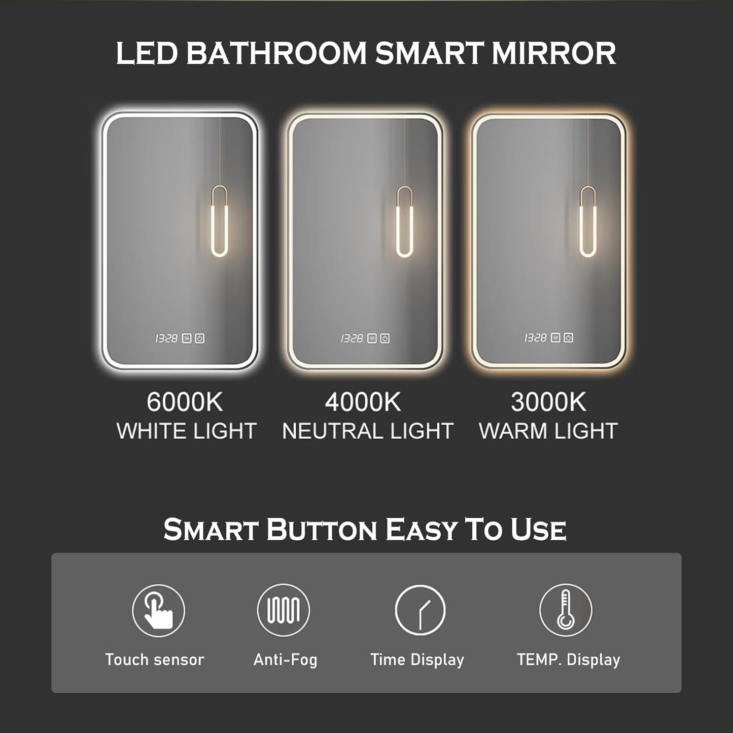 Led Bathroom Mirror Smart Mirror with Anti-Fog, Adjustable 3 Color3 Light, Wall Mounted anti Fog Lighted Smart Vanity Mirror with Time & Temperature Display (20''X28'')