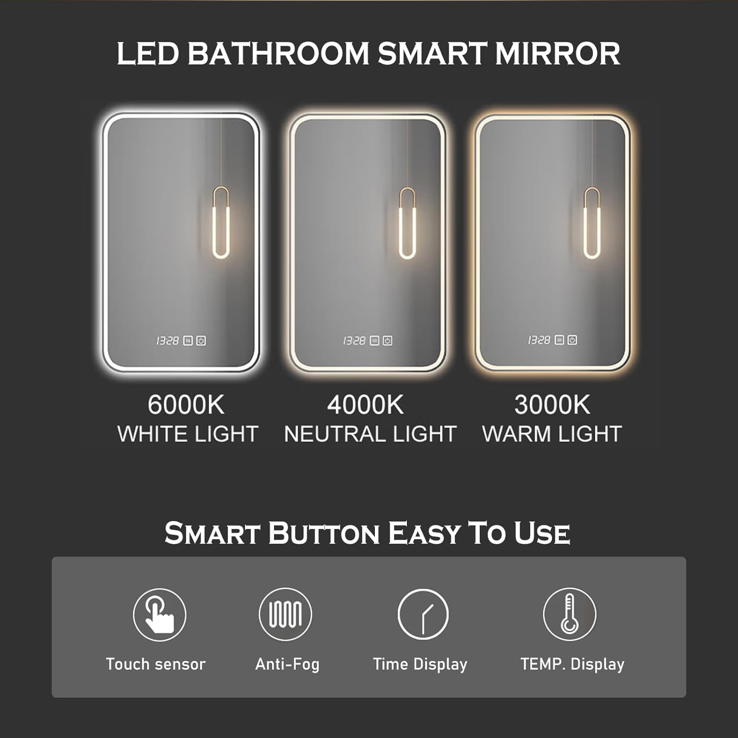 Led Bathroom Mirror Smart Mirror with Anti-Fog, Adjustable 3 Color3 Light, Wall Mounted anti Fog Lighted Smart Vanity Mirror with Time & Temperature Display (20''X28'')