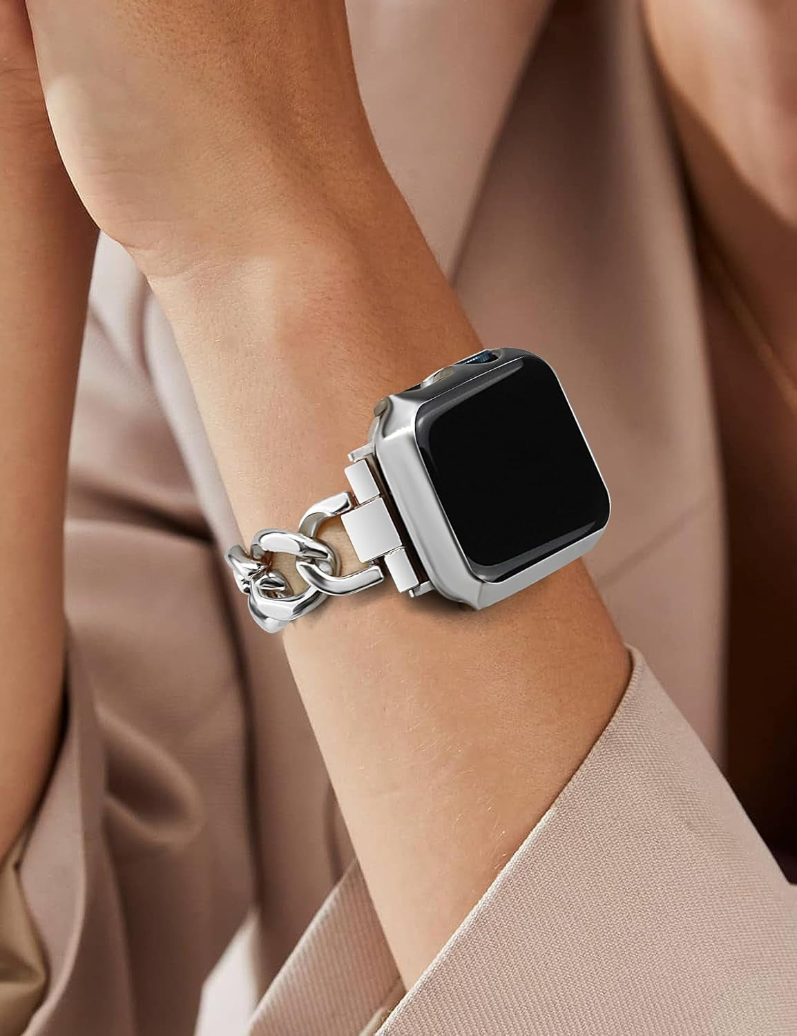 Silver Watch Bands for Women Compatible with Apple Watch Band 38Mm 40Mm 41Mm Adjustable Metal Band Cowboy Steel Single Chain Bracelet for Iwatch Series 9/8/7/6/5/4/3/2/1/Se/Ultra (No Case)