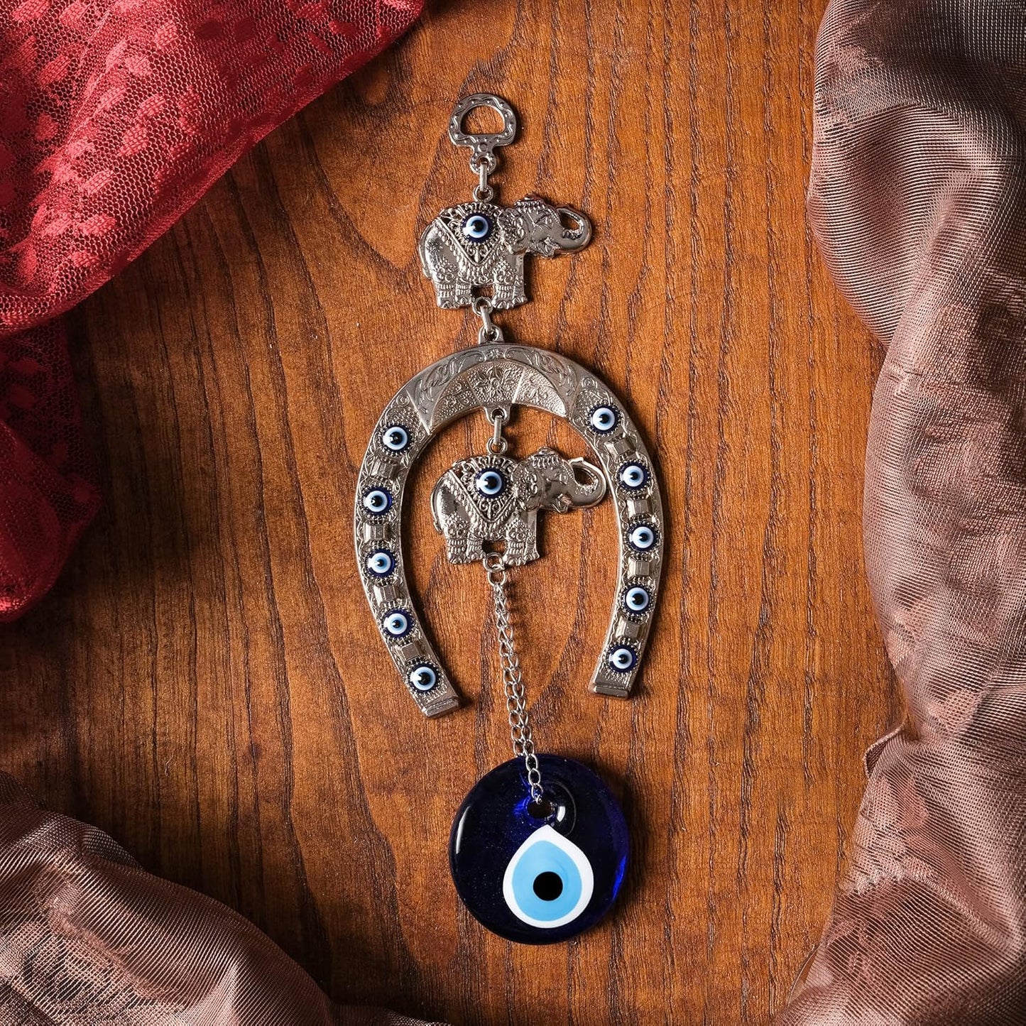 Evil Eye Wall Decor 3.7''W X 10.2''L Metal - Glass Turkish Greek Nazar Amulet Good Luck & Protection Charm - Handmade Hanging Ornament for Home,Office, Door - Ojo Turco