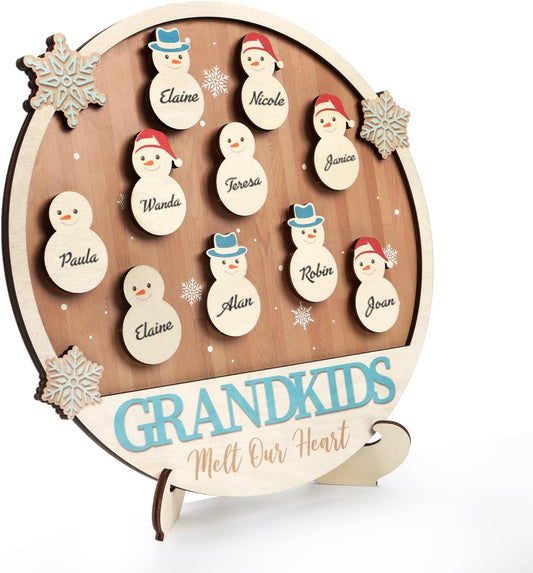 Grandkids Name Sign Snowman Tag Desk Plaque Decor(11.4X11.4 Inches), DIY Family Tree Names Wall Sign, Grandkids Love Sign Melt Our Heart Winter for Grandparents Grandma Nana